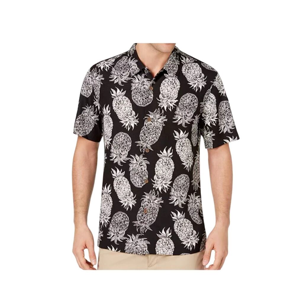 Tommy Bahama Hawaiian silk Pineapple Aloha Camp Shirt black white mens XL EUC